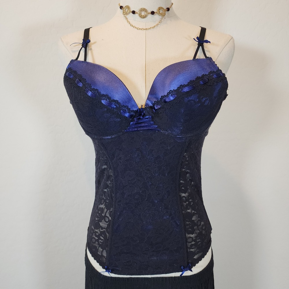 Per Lei Black Lace Bustier‎ Corset Lingerie Top, Dark Blue, Size L